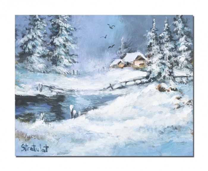 Tablou pictat manual, Peisaj de iarna, 50x40cm ulei pe panza in cutit efect 3D, gata de expus pe perete