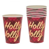 Pahare Carton Set 6 Bucăți, 270ml, Carouri Roșii, Mesaj Auriu &quot;Holly Jolly&quot;, Oem