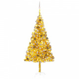 Set brad de Crăciun artificial cu LED&amp;globuri, auriu 210 cm PET