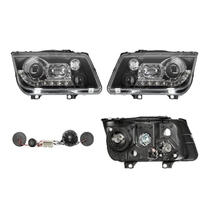 Set faruri VW Bora (1j5/1jm), 10.1998-11.2005, partea Stanga+Dreapta, Tuning, Fata, cu lumina de parcare LED; tip bec H1+H1; manual; negru, transpare