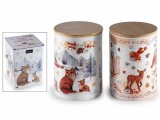 Set 2 borcane Craciun lemn ceramica multicolora in cutie cadou &Oslash; 10 cm x 14,5 H