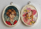Fetita si baietel - 2 miniaturi medalioane inramate cu goblenuri vintage anii 60