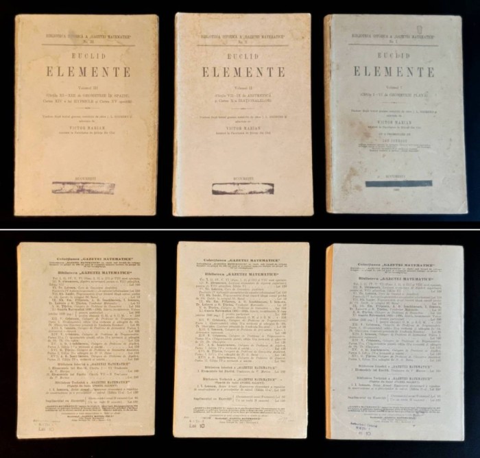 rara 1939-1941 ELEMENTELE lui EUCLID 3 Volume CARTILE I-XV: Geometrie plana Aritmetica Irationalele Geometrie in spatiu Hypsicle / Gazeta Matematica