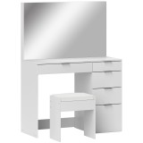 HOMCOM Set Masă de Toaletă cu Oglindă și 5 Sertare și Taburet de Machiaj Tapițat, 97,2x44,5x136,5 cm, Alb | Aosom Romania