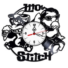 Ceas de perete decorativ Lilo si Stitch, realizat din disc de vinil upcycled, model Animatie/Copii, negru, 30 cm