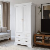 Dulap living si dormitor VMS1, 2 usi, 2 sertare, cu bara de haine, Pal Melaminat, cu elemente din MDF, Alb Antichizat