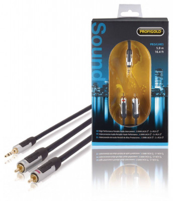 Cablu audio stereo Jack 3.5 mm tata - 2x RCA tata 5m cupru dublu ecranat negru Profigold foto