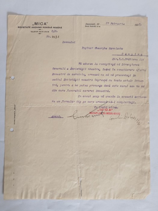 Instiintare, angajare emisa de S.A.R. Miniera MICA 1938 / CD1P