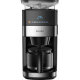 Cafetiera Krups Grind&amp;amp;Brew KM832810, vas din sticla, 1.25L, rasnita de cafea metalica, 3 setari, display digital, cronometru, Negru/Metalic