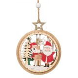 Ornament Brad Crăciun Lemn, Glob Moș Crăciun, Cerb și Brazi, 11 cm, Glitter Auriu Holografic