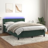 vidaXL Pat cu arcuri, saltea și LED, verde &icirc;nchis, 140x200 cm, catifea 3134408