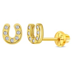 Cercei din Aur 14K pentru Bebelusi si Copii, model Potcoava Norocoasa cu Pietre CZ clare, inchidere cu Filet si Protectie