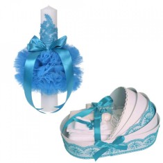 Lumanare botez glob cu dantela si trusou botez in landou, decor Turcoaz,