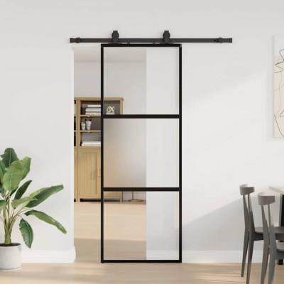 vidaXL Ușă glisantă cu set feronerie neagră 76x205cm sticlă securizată 3375913 foto