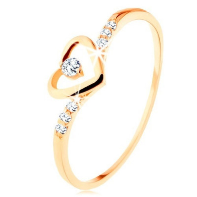Inel din aur 375, contur &amp;icirc;n formă de inimă cu zirconiu transparent, braţe decorate - Marime inel: 62 foto