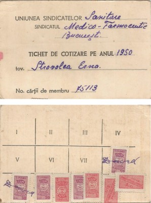 Romania, Uniunea Sindicatelor sanitare, Tichet de cotizare, Bucuresti, 1950 foto