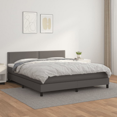 vidaXL Pat box spring cu saltea, gri, 160x200 cm, piele ecologică foto