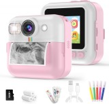 Cameră Foto Instant Copii, Imprimare Termică, Video HD, Jocuri, Filtre, Ecran 2.4&quot;, 32GB, 3 Role H&acirc;rtie, Cadou 3-12 ani, Roz, Albastru si Alb, Altele, Unisex, Oem
