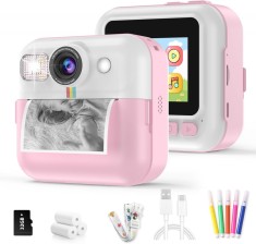 Cameră Foto Instant Copii, Imprimare Termică, Video HD, Jocuri, Filtre, Ecran 2.4&quot;, 32GB, 3 Role H&acirc;rtie, Cadou 3-12 ani, Roz, Albastru si Alb