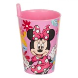 Pahar Plastic Disney Minnie, Cu Pai Incorporat, Roz, Capacitate 260ml, Flori Colorate, Oem