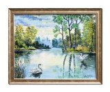 Stefan Bilibou, tablou inramat peisaj cu lebede, pictat manual 55x45cm ulei pe panza