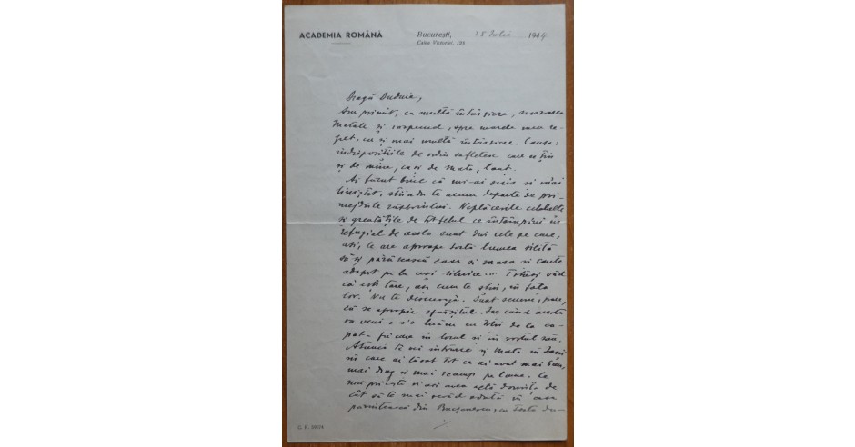 Scrisoare cu antetul Academiei a lui Alexandru Lapedatu catre Otilia ...