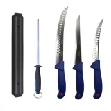Cumpara ieftin Set profesional de macelarie, filetat, injunghiat, transat, dezosat, masat pentru ascutit, 3 cutite, suport magnetic