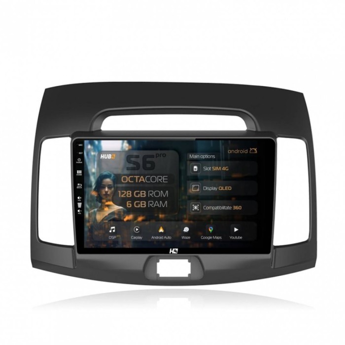 Navigatie Hyundai Elantra (2006-2011) 6GB RAM Android 13 Octacore Slot Sim 4G DSP GPS Wi-FI Carplay Android Auto USB Bluetooth Waze Touchscreen 9 Inch