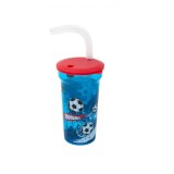 Pahar din plastic cu pai, imprimeu Minge Fotbal, AKS110, albastru, 400 ml, Oem