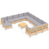 Cumpara ieftin Set mobilier gradina cu perne, 13 piese, gri, lemn de pin