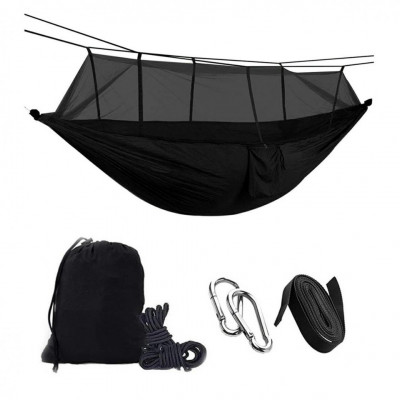 Hamac turistic din nylon cu plasa de tantari, culoare neagra, dimensiuni 260 cm foto