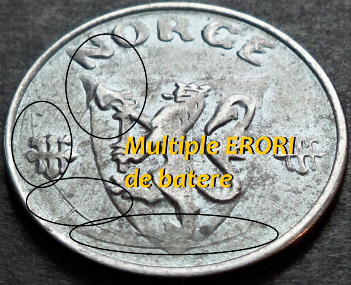 Moneda istorica 5 ORE - NORVEGIA, anul 1942 *cod 4810 A - SUPERBE ERORI BATERE