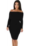V509-1 Rochie midi cu aspect raiat, maneci lungi si umerii goi