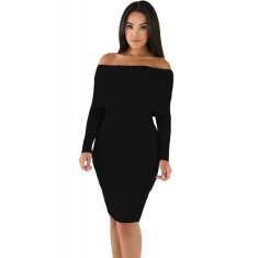 V509-1 Rochie midi cu aspect raiat, maneci lungi si umerii goi