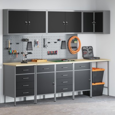vidaXL Set dulap lucru &amp;amp; panou c&amp;acirc;rlige, 12 piese, negru, MDF &amp;amp; metal foto
