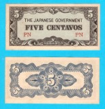 Filipine (p#103) 5 Centavos 1942 aUNC 'Ocupația Japoneză' serie: PN; (ROG CITITI DETALIILE!);