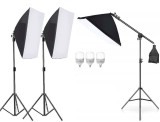 Cumpara ieftin Kit de 3 softboxuri cu macara ajustabila, 3 trepiezi reglabili 200 cm, 3 becuri LED 25W