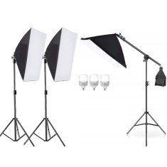 Kit de 3 softboxuri cu macara ajustabila, 3 trepiezi reglabili 200 cm, 3 becuri LED 25W