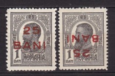 ROMANIA 1918 LP 70 I LP 70 I a REGELE CAROL I TIPOGRAFIATE SUPRATIPAR 25 BANI+25 BANI SUPRATIPAR RASTURNAT STARE MNH