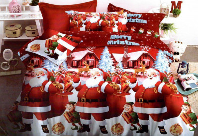 Lenjerie de pat matrimonial cu 4 huse de perna cu mix dimensiuni, Merry Christmas, bumbac mercerizat, multicolor foto