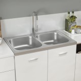 Chiuvetă bucătărie vidaXL 800x500mm, 2 cuve, inox argintiu, reversibilă, set scurgere inclus