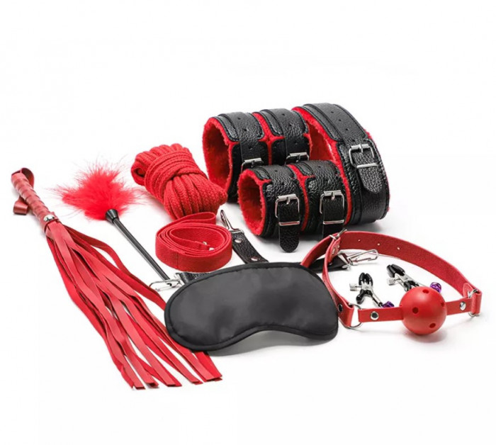 Set BDSM 10 Piese, Rosu/Negru, Guilty Toys