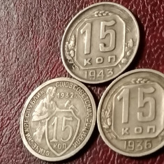 Lot 3 monede URSS, 15 copeici 1932 + 1936 + 1943 (stare foarte buna) [poze]