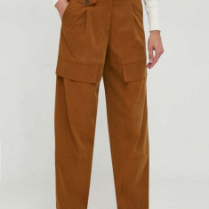 Sisley pantaloni femei, culoarea maro, lat, high waist