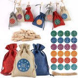 Set de 24 saculeti 24 cleme si 24 stickere pentru calendarul de advent VGOODALL, lemn/textil/PVC, multicolor