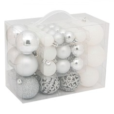 Globuri Crăciun, Value Pack, Set 50 Bucăți, Culoare Argintiu/Alb, Dimensiuni 3-4-6 cm, Material Plastic