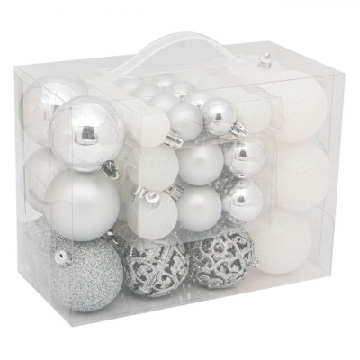 Globuri Crăciun, Value Pack, Set 50 Bucăți, Culoare Argintiu/Alb, Dimensiuni 3-4-6 cm, Material Plastic foto