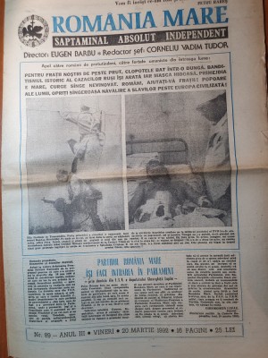 ziarul romania mare 20 martie 1992-p.r.m isi face intrarea in parlament foto
