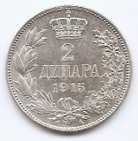 Serbia 2 Dinari 1915 - Petar I, Argint 10 g/835, 28mm, Md5, KM-26.1, Europa