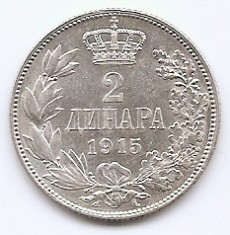 Serbia 2 Dinari 1915 - Petar I, Argint 10 g/835, 28mm, Md5, KM-26.1